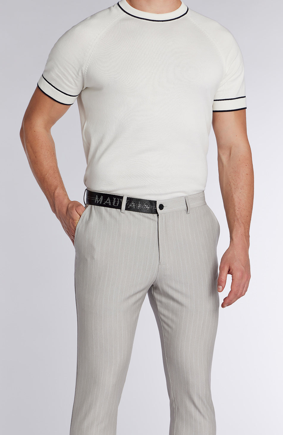 Signature Half Belt Pants in Grey Pinstripe