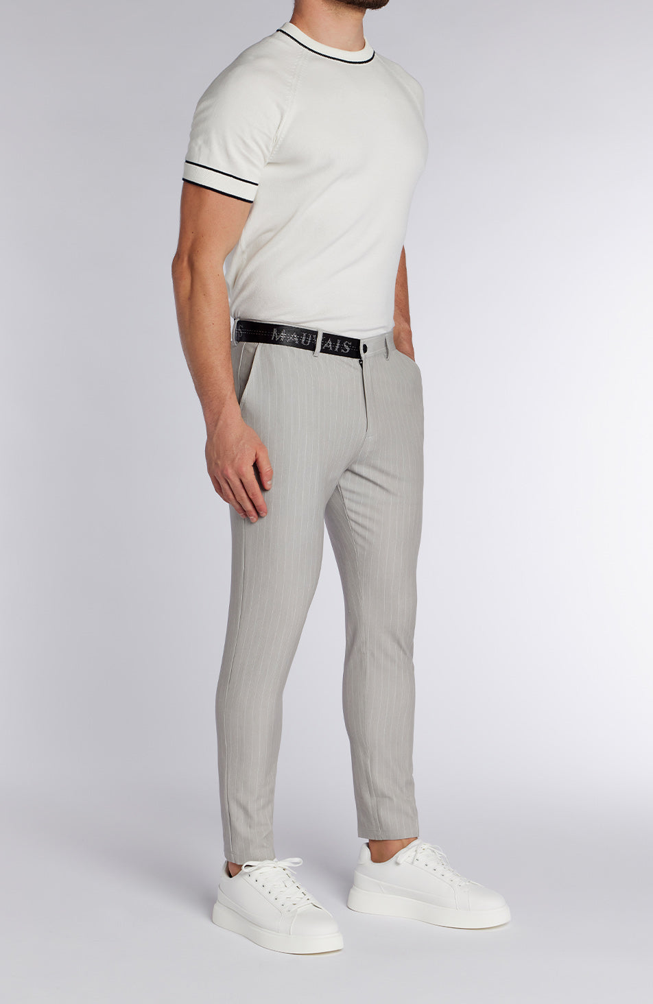 Signature Half Belt Pants in Grey Pinstripe