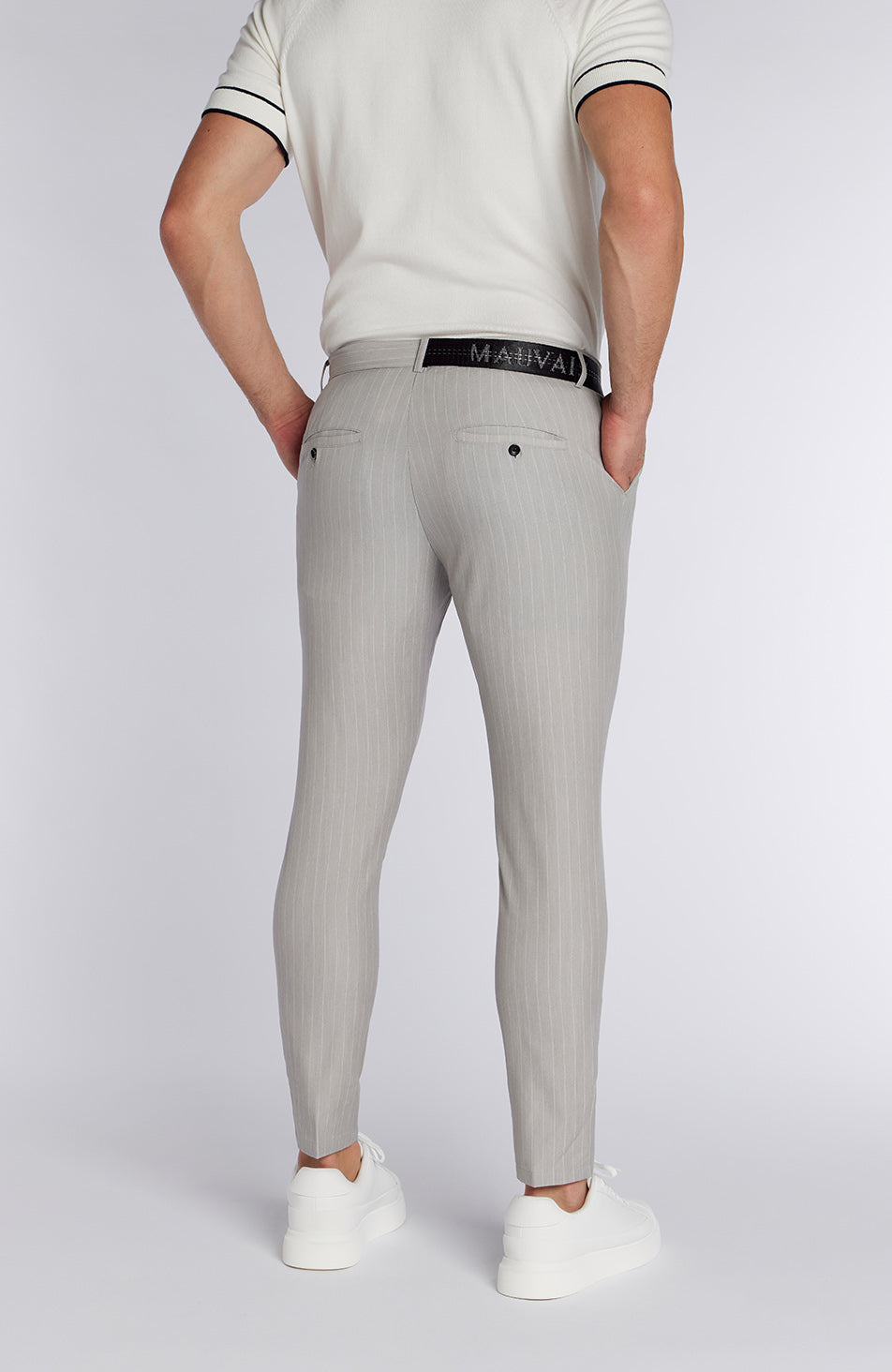 Signature Half Belt Pants in Grey Pinstripe