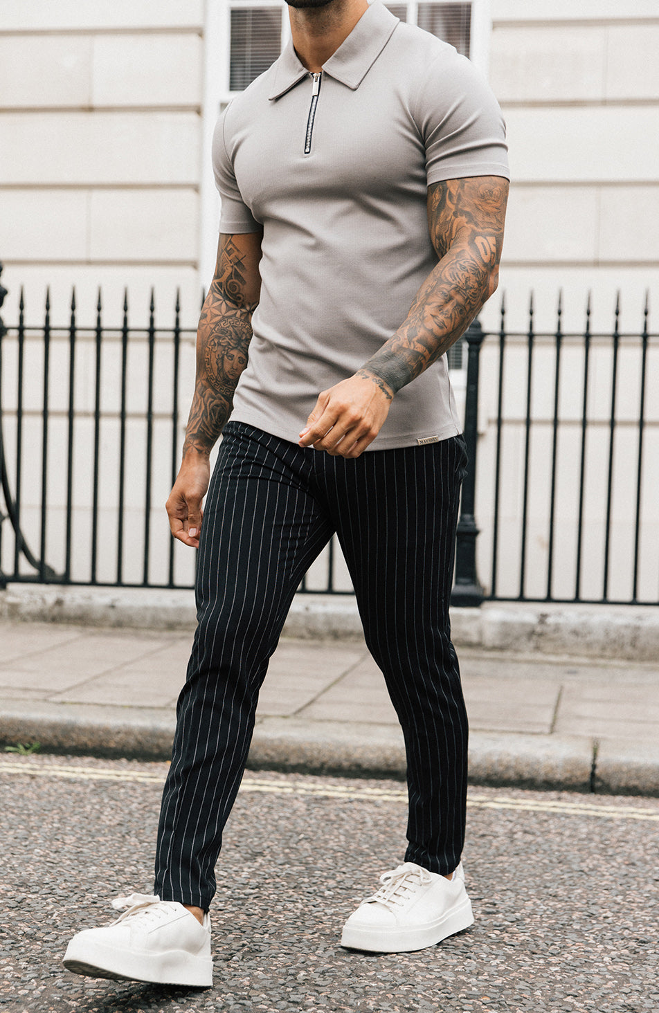 Signature Half Belt Trousers in Black Pinstripe