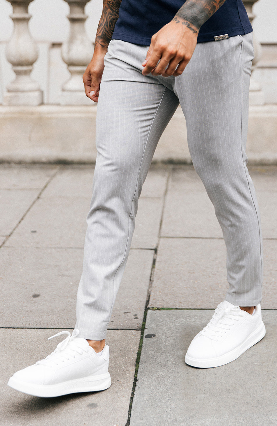 Signature Half Belt Pants in Grey Pinstripe