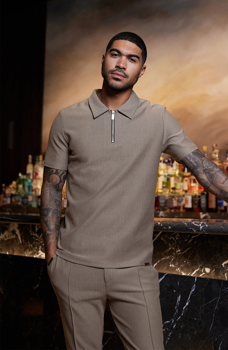 Tormore Geo Textured Zipped Polo in Taupe