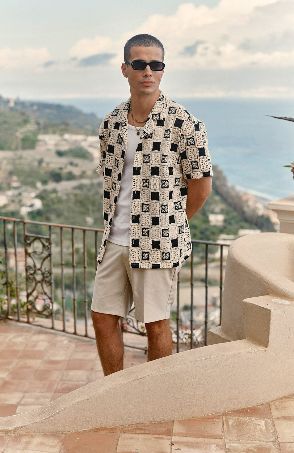 Bellagio Relaxed Checked Crochet Shirt in Black