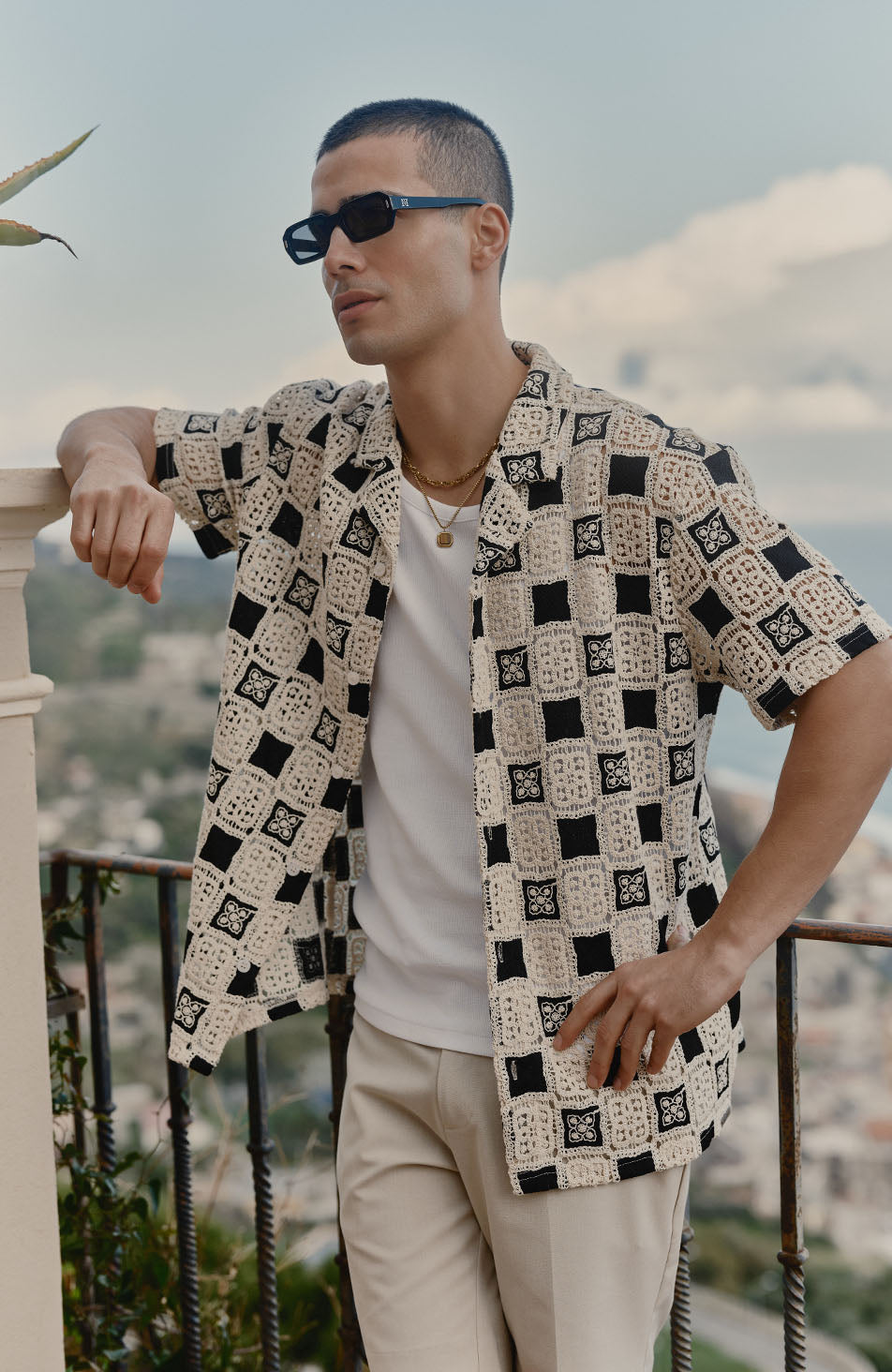 Bellagio Relaxed Checked Crochet Shirt in Black