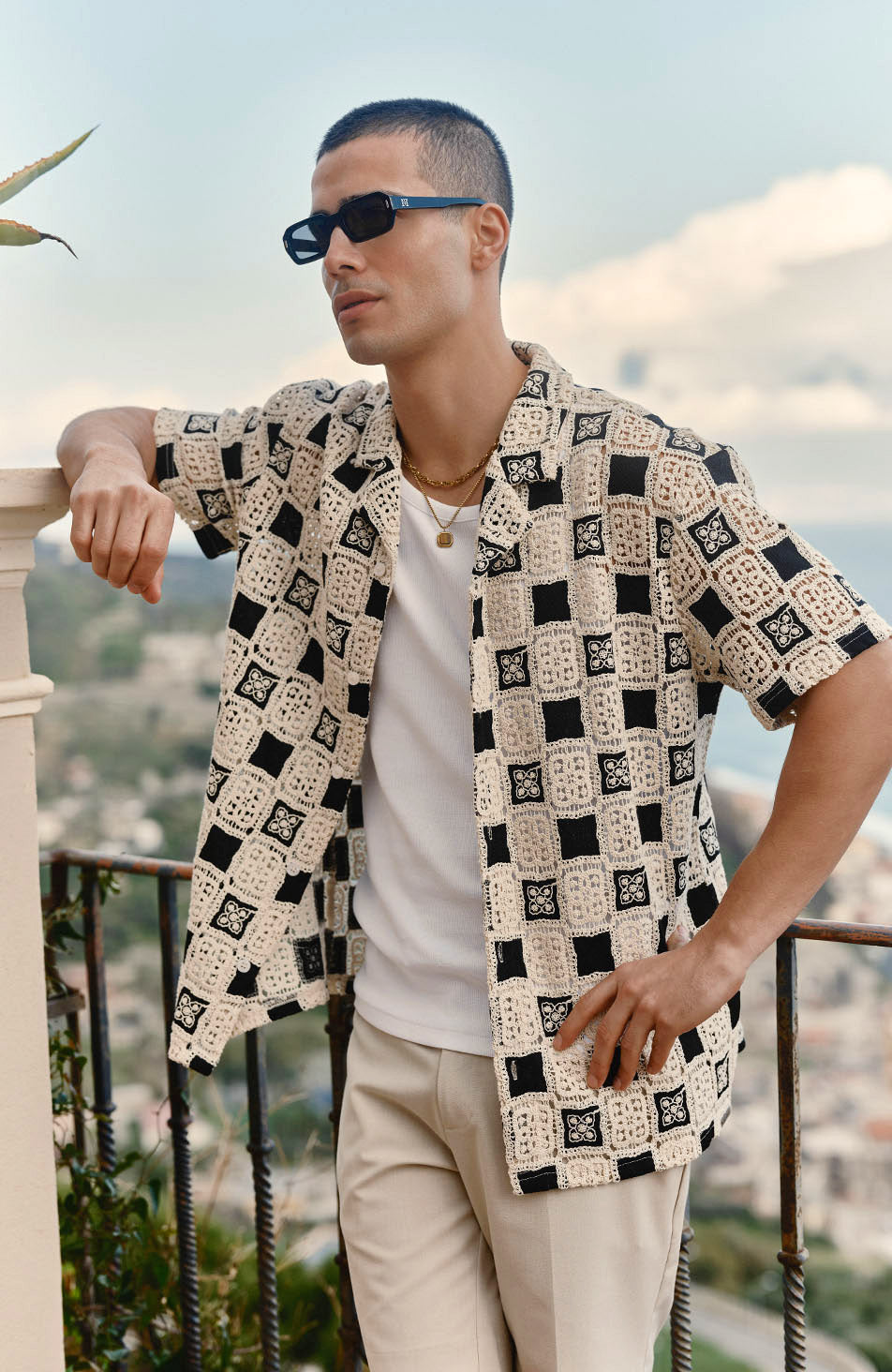 Bellagio Relaxed Checked Crochet Shirt in Black