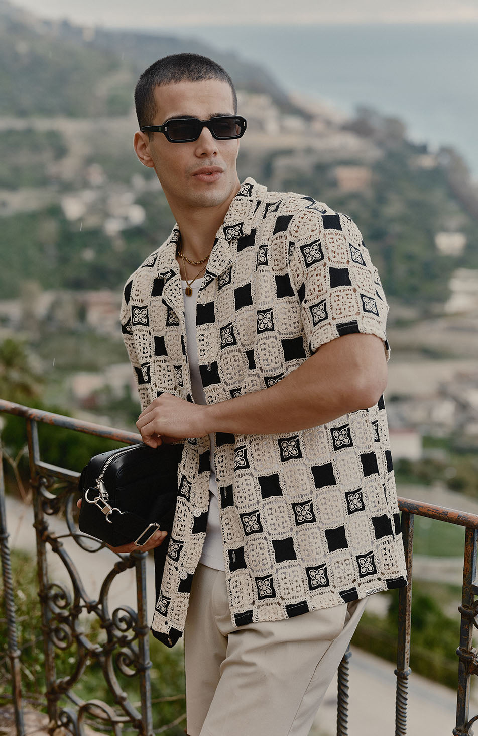 Bellagio Relaxed Checked Crochet Shirt in Black