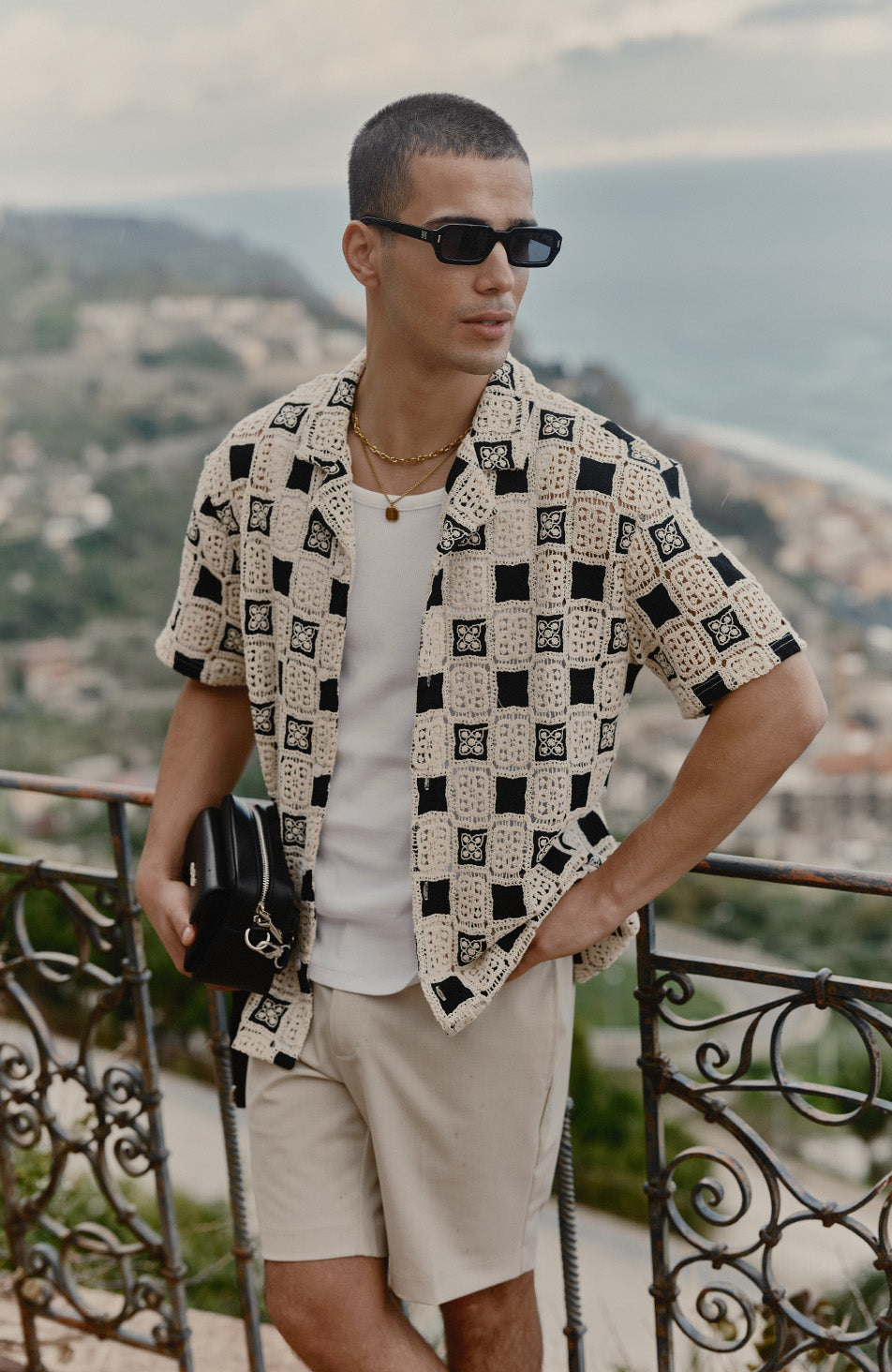 Bellagio Relaxed Checked Crochet Shirt in Black