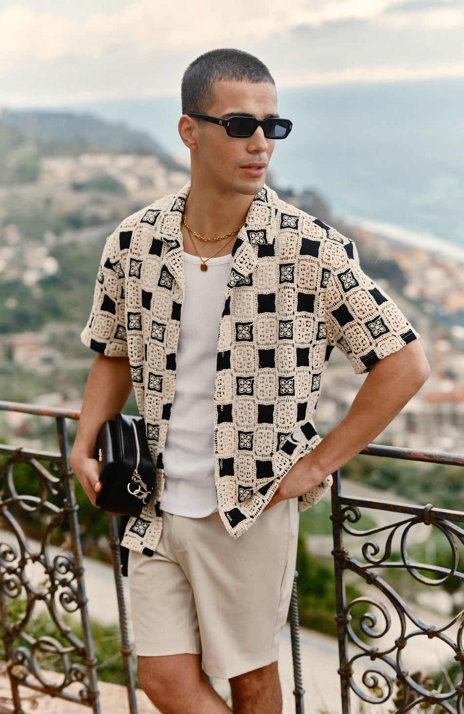 Bellagio Relaxed Checked Crochet Shirt in Black