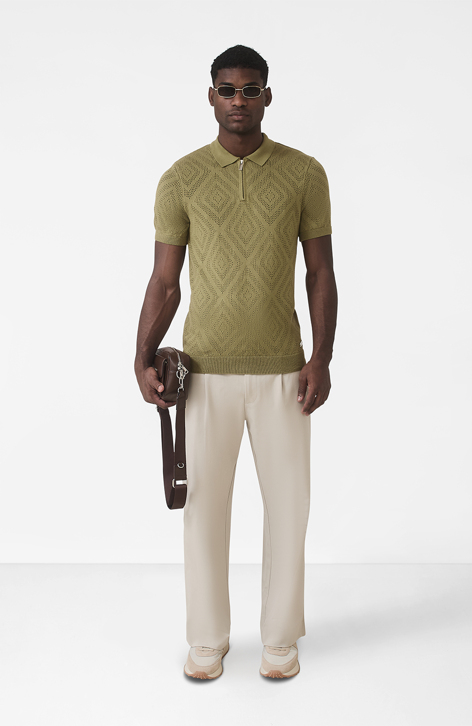 Chalbi Slim Fit Knit Pointelle Zip Polo in Green