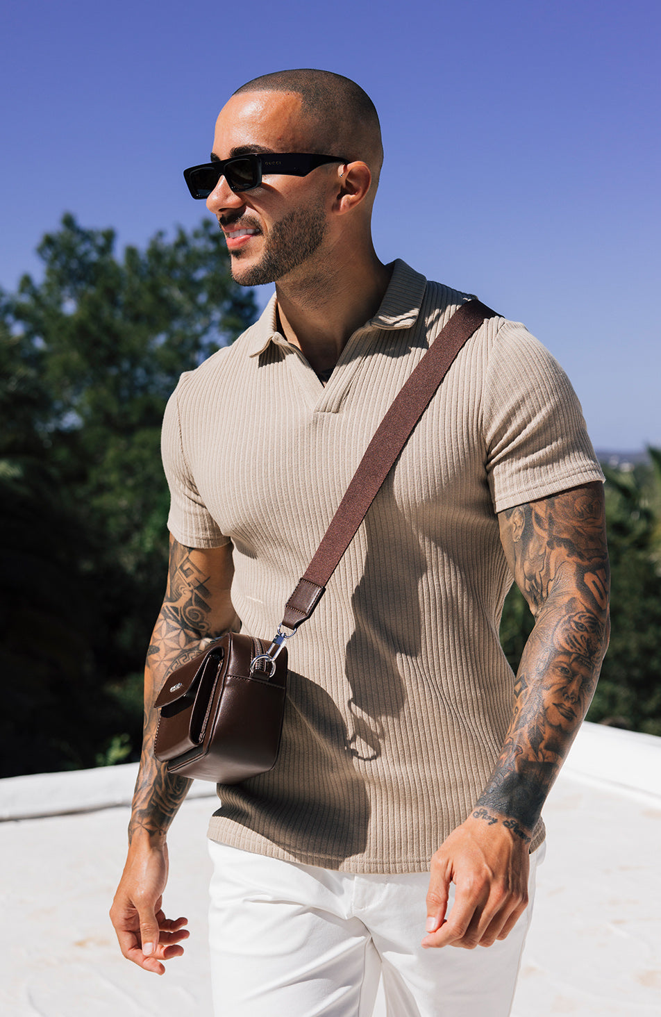 Elysee Slim Ribbed Revere Polo in Beige