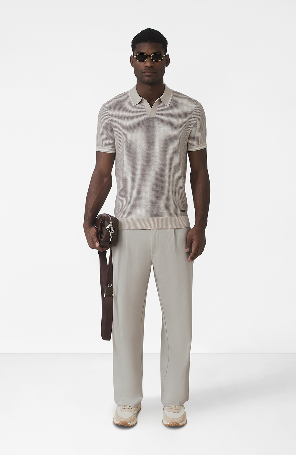 Giordini Tipped Birdseye Knit Polo in Beige