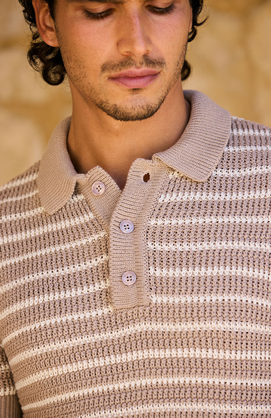 Fontelina Button Placket Knit Stripe Polo in Beige