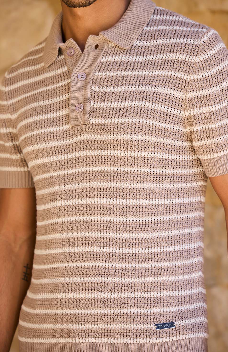 Fontelina Button Placket Knit Stripe Polo in Beige