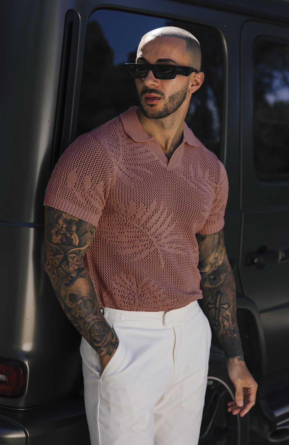 Isola Slim Geo Diamond Revere Polo in Black