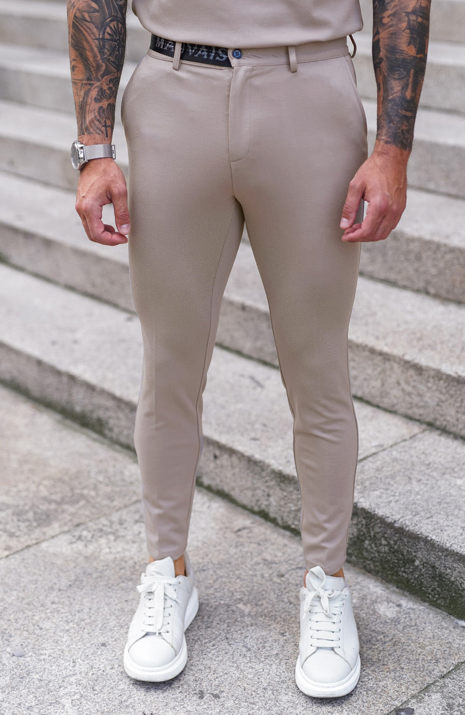 Renato Premium Half Belt Pants in Beige