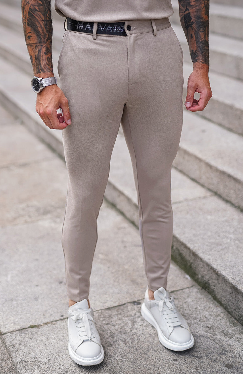 Renato Premium Half Belt Pants in Beige