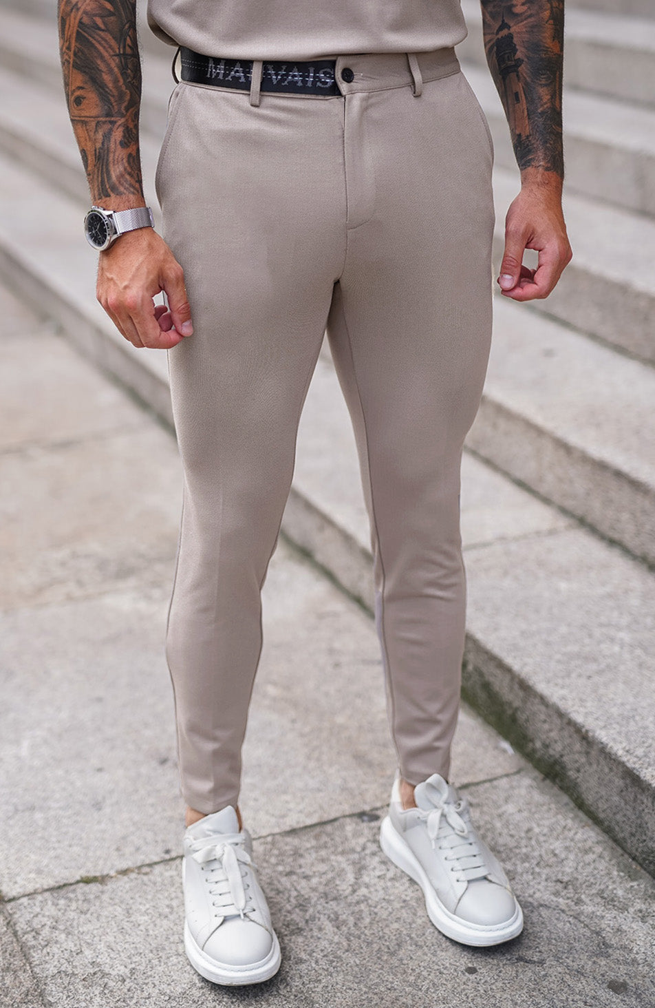 Renato Premium Half Belt Pants in Beige